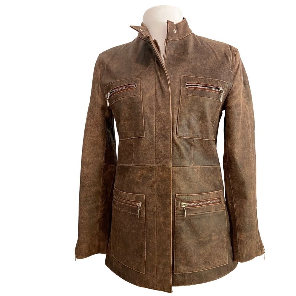 Distressed Brown Genuine Leather Moto Utility Biker Jacket Coat Medium ARMS